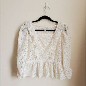 Meadow Rue 6 white lace peplum top sleeves ruffles vintage vanillagirl clean